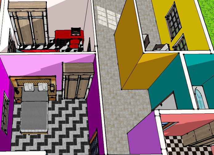 Interior room with bed and checkered floor 3D model_7