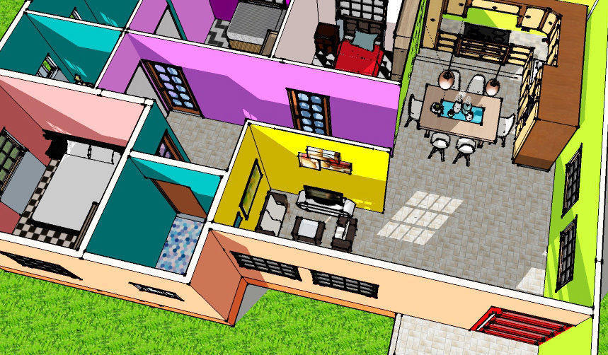 Interior room with bed and checkered floor 3D model_2