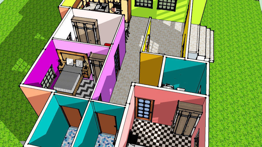 Interior room with bed and checkered floor 3D model_5