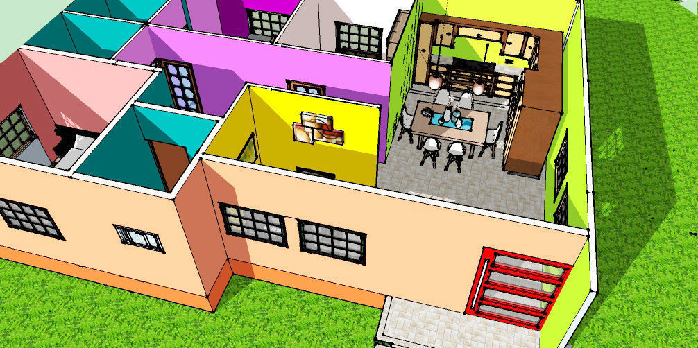 Interior room with bed and checkered floor 3D model_1