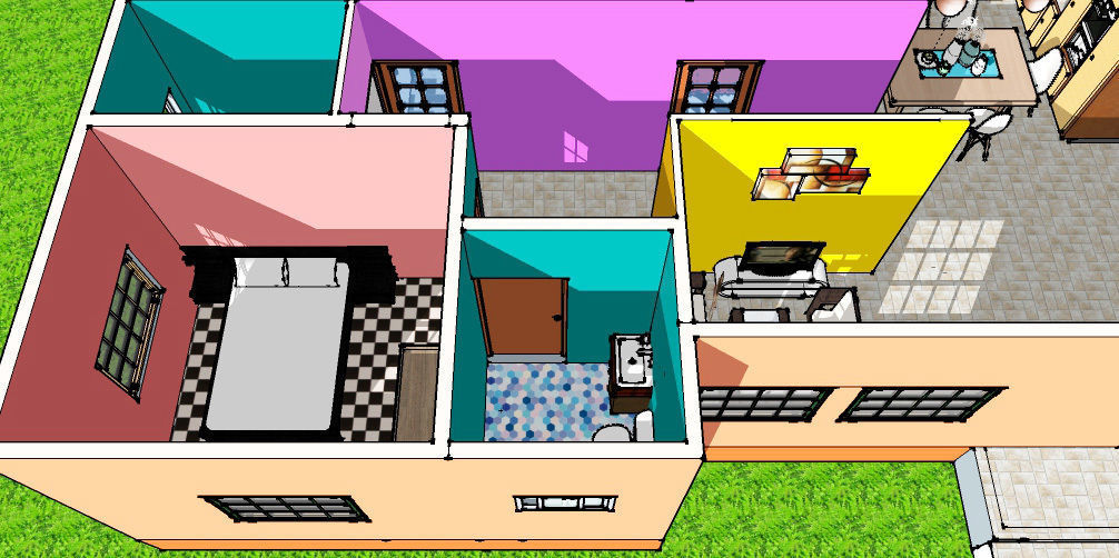 Interior room with bed and checkered floor 3D model_6