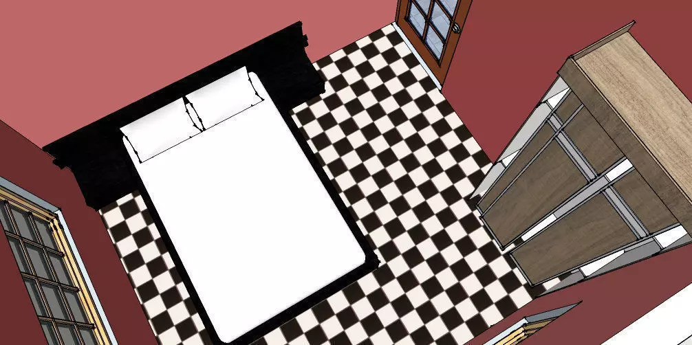 Interior room with bed and checkered floor 3D model_0