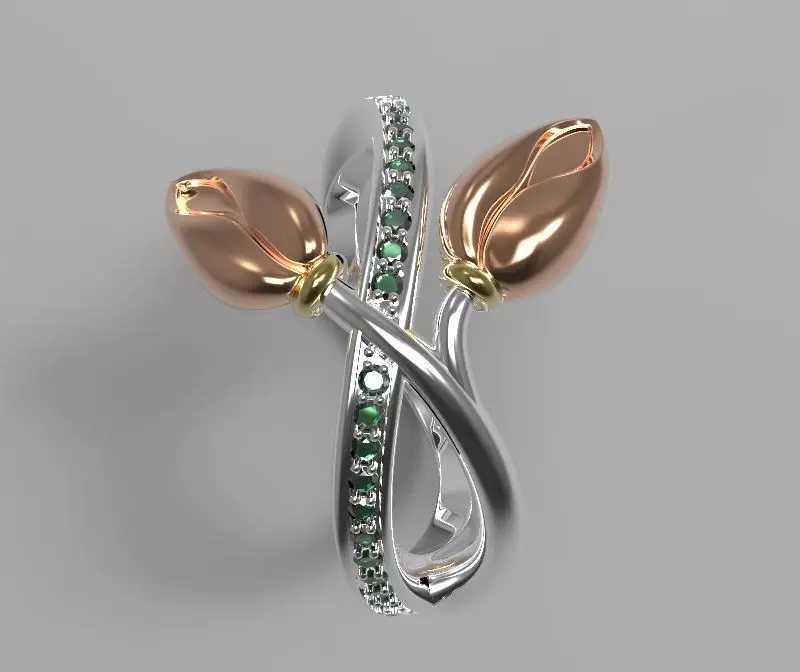 tulip two rings with emeralds and rose gold 3D print model