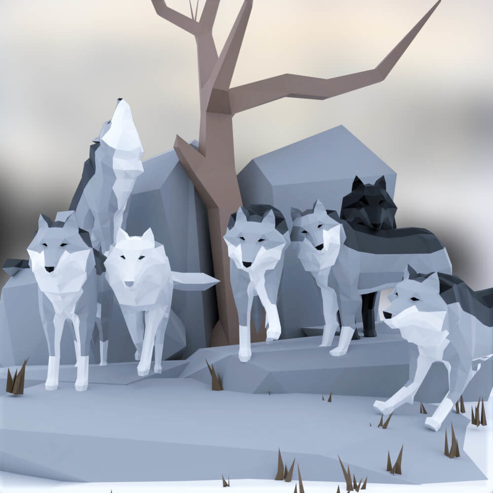 Wolves polygonal wolf Low-poly 3D model_1