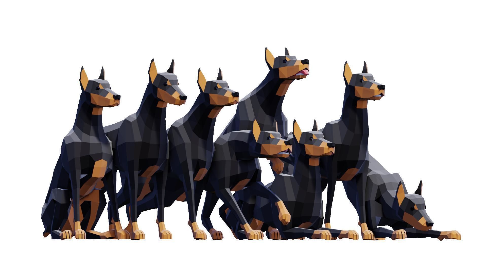 Doberman Dogs Pack Low-poly 3D model_1