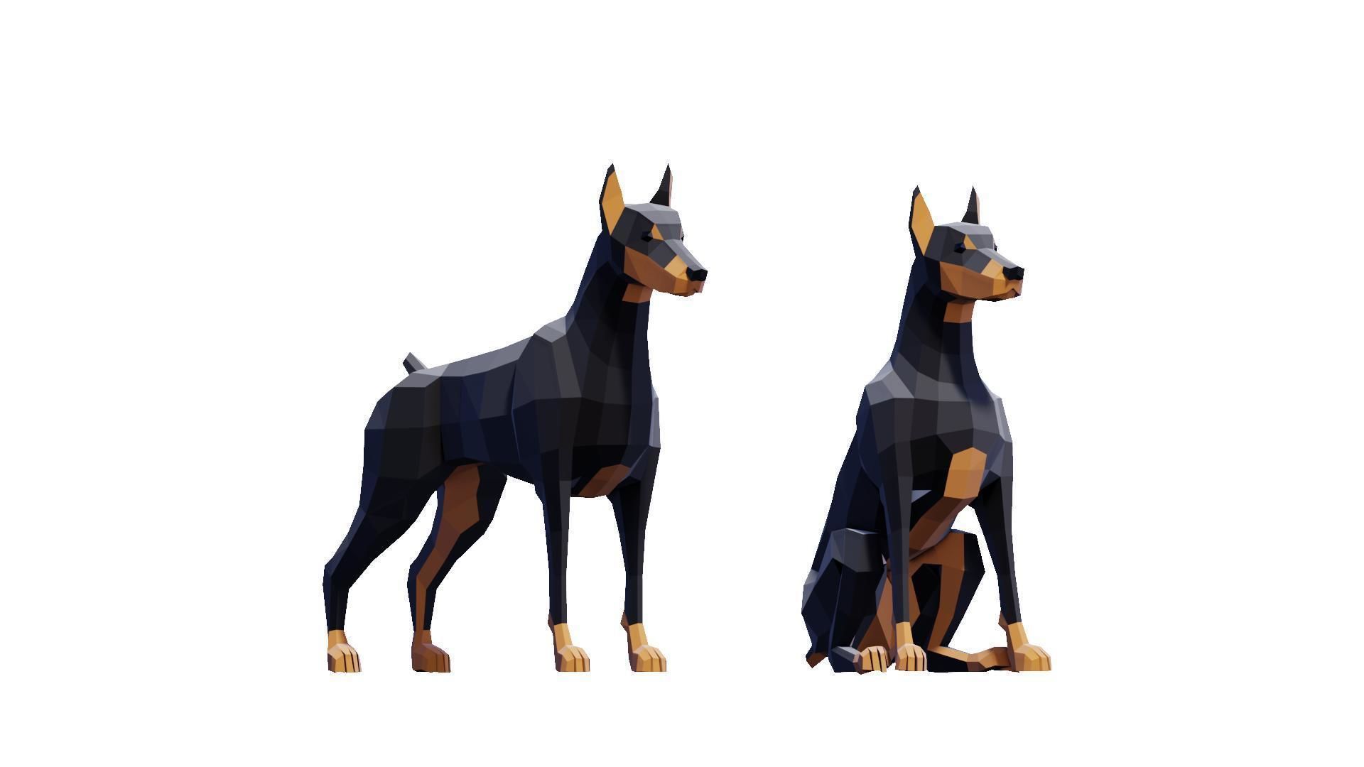 Doberman Dogs Pack Low-poly 3D model_2