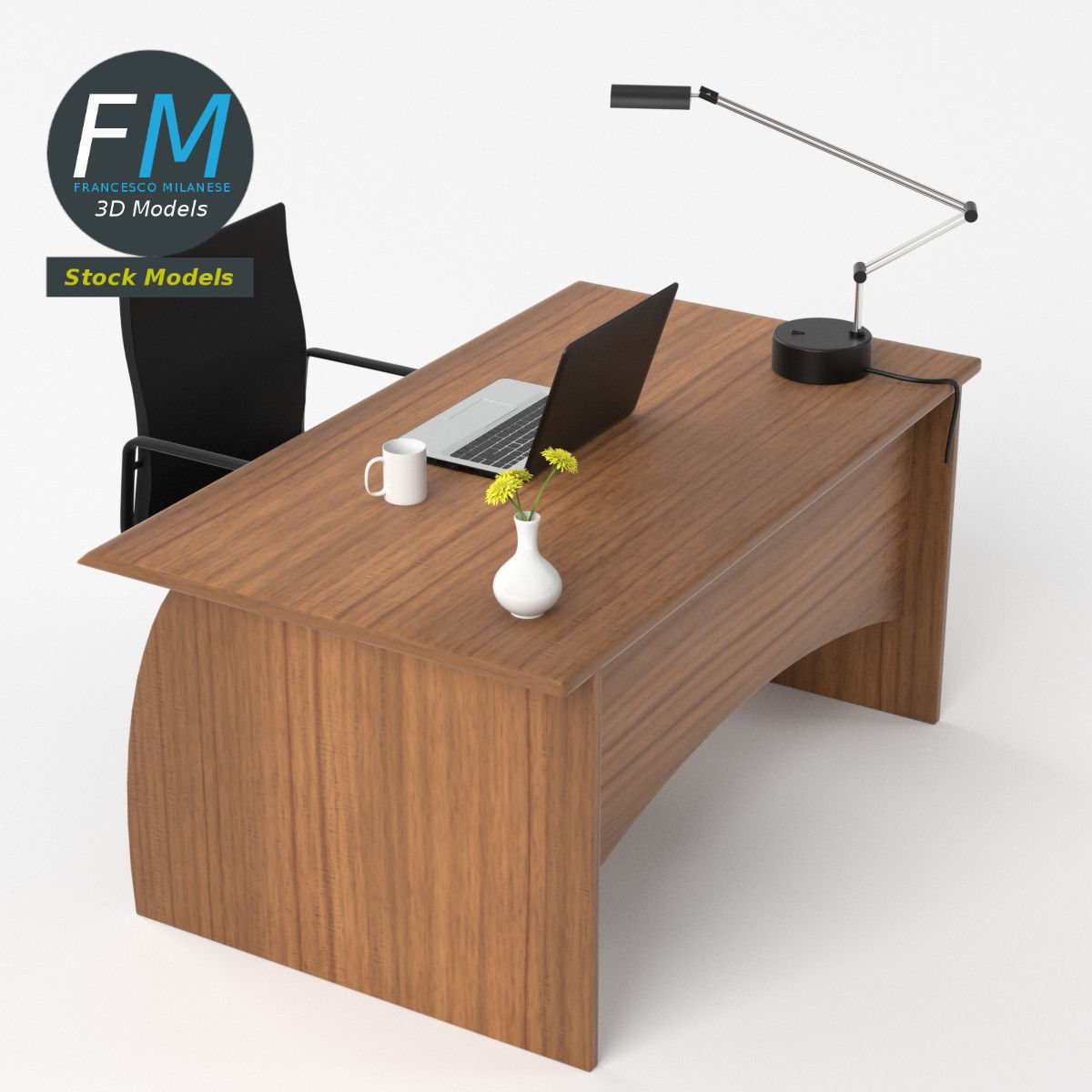 Desk set 3 office with laptop 3D model_5