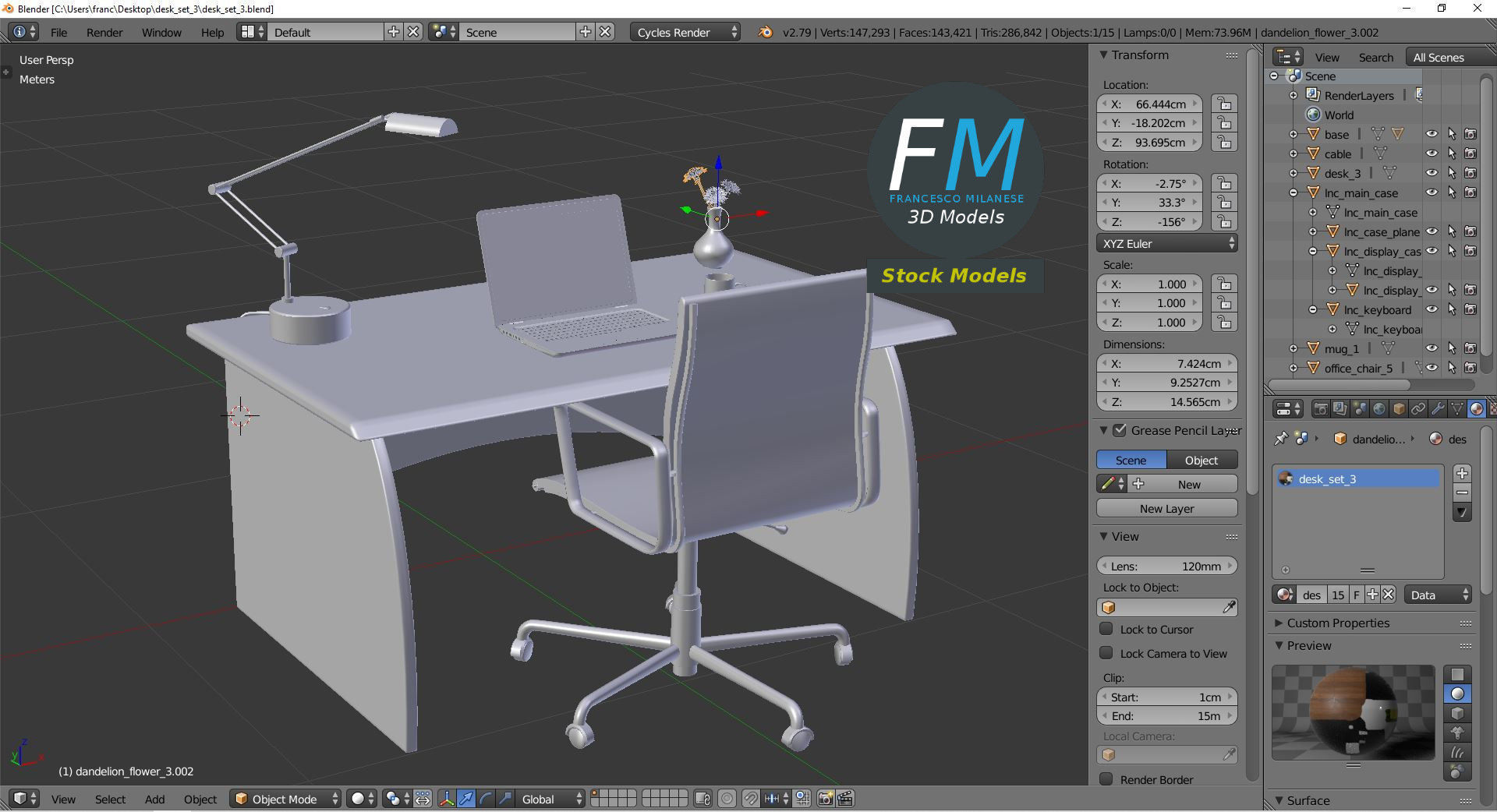 Desk set 3 office with laptop 3D model_9