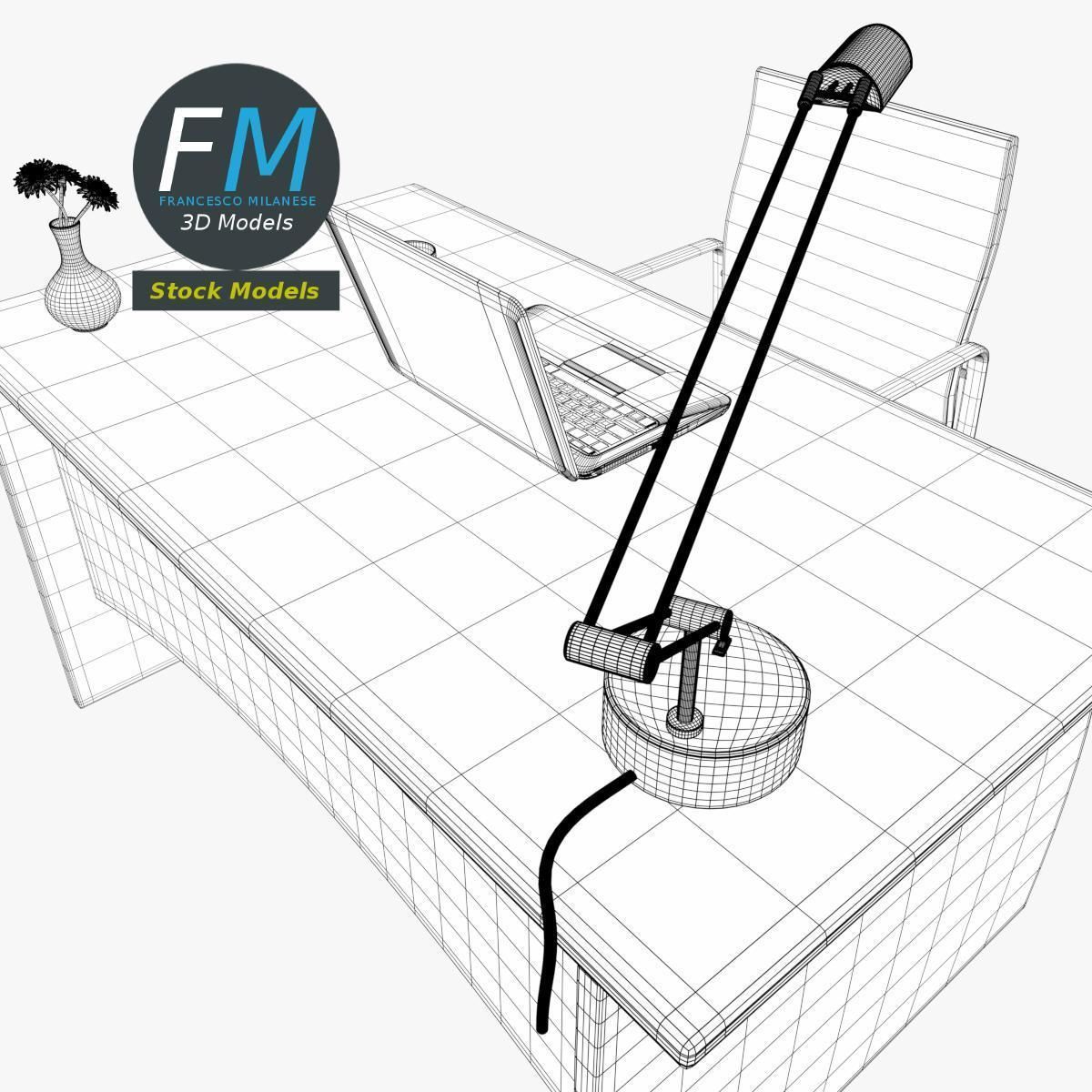 Desk set 3 office with laptop 3D model_8