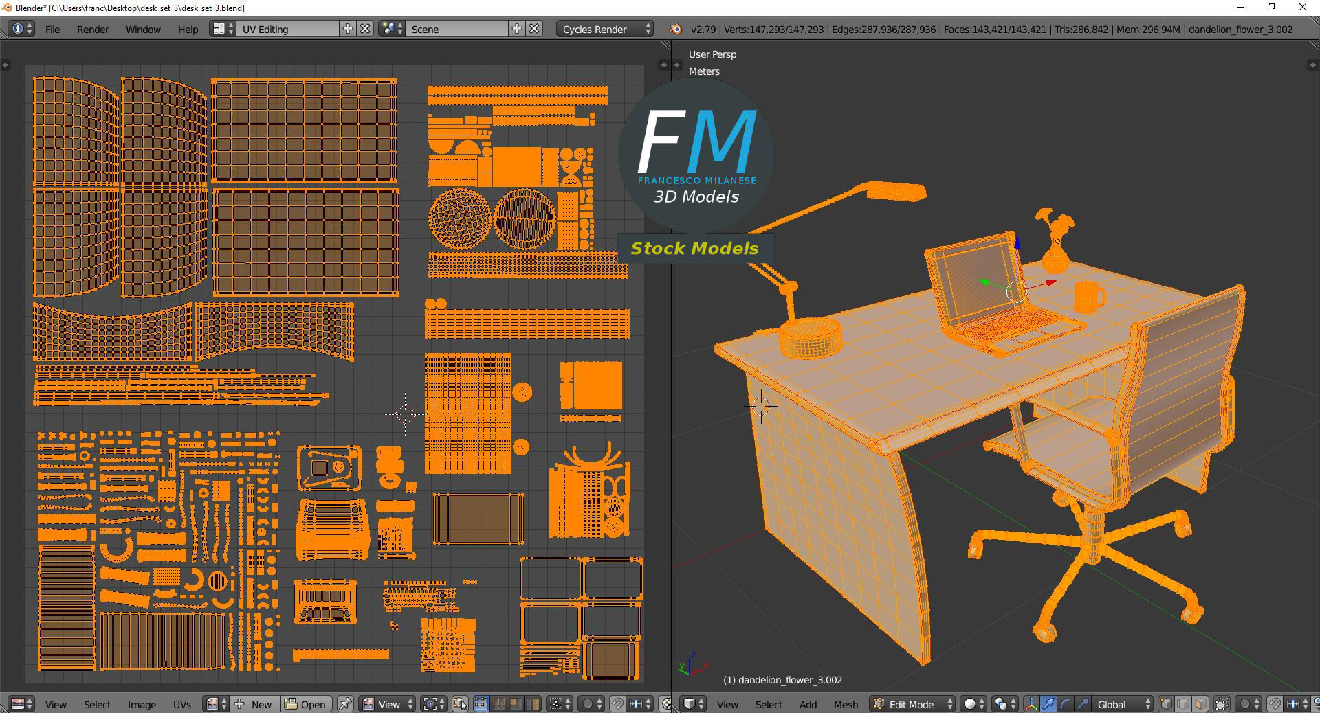 Desk set 3 office with laptop 3D model_10
