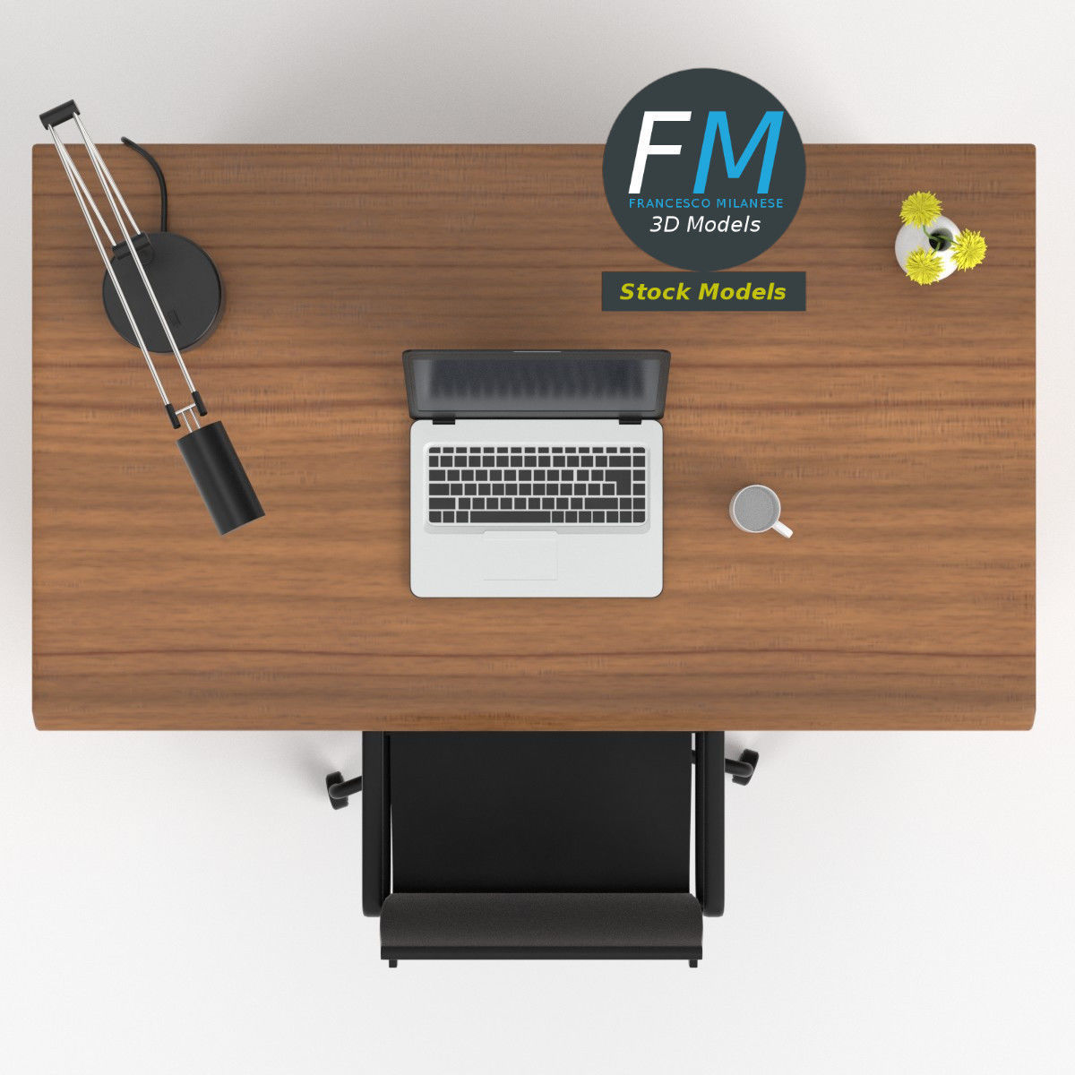 Desk set 3 office with laptop 3D model_6
