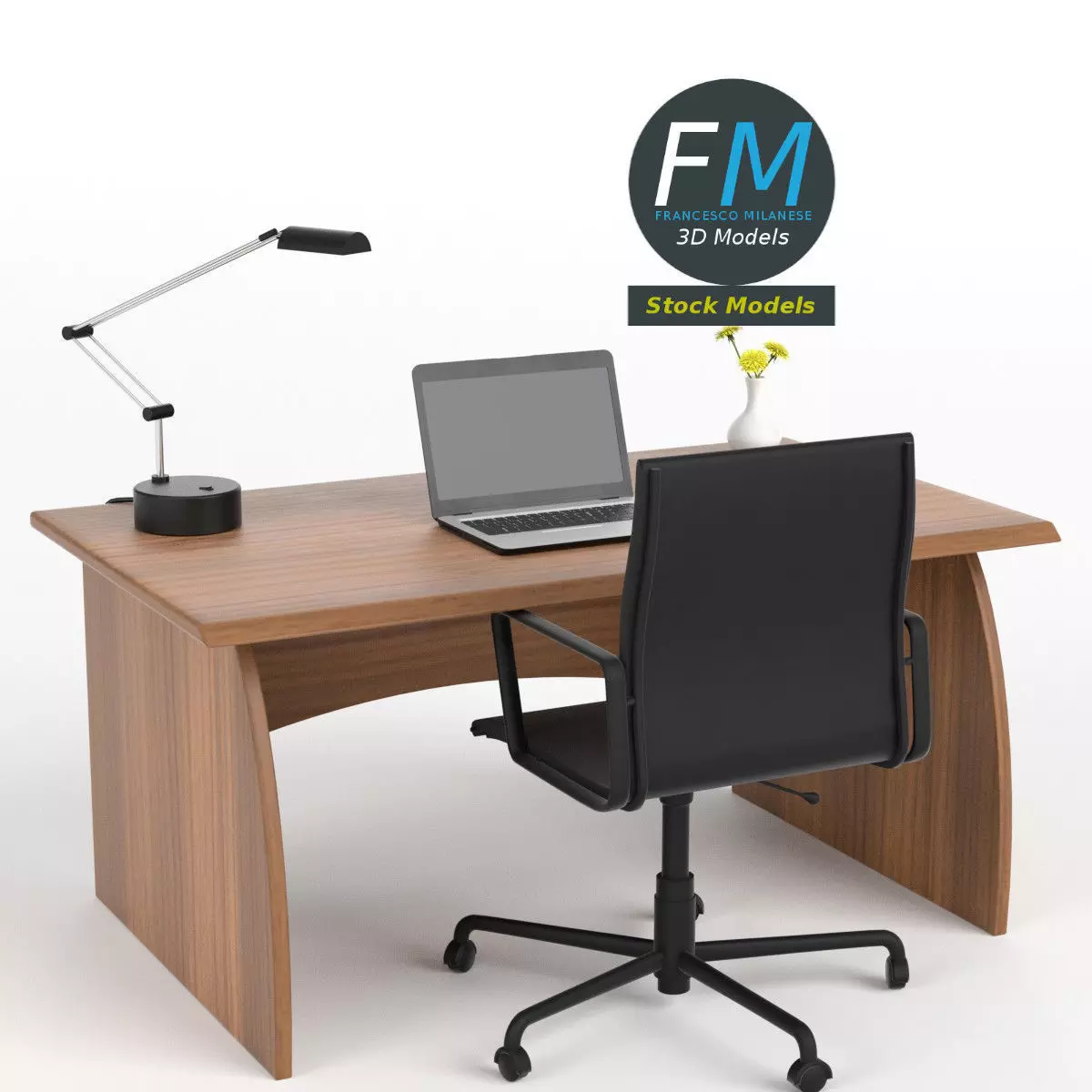 Desk set 3 office with laptop 3D model_0