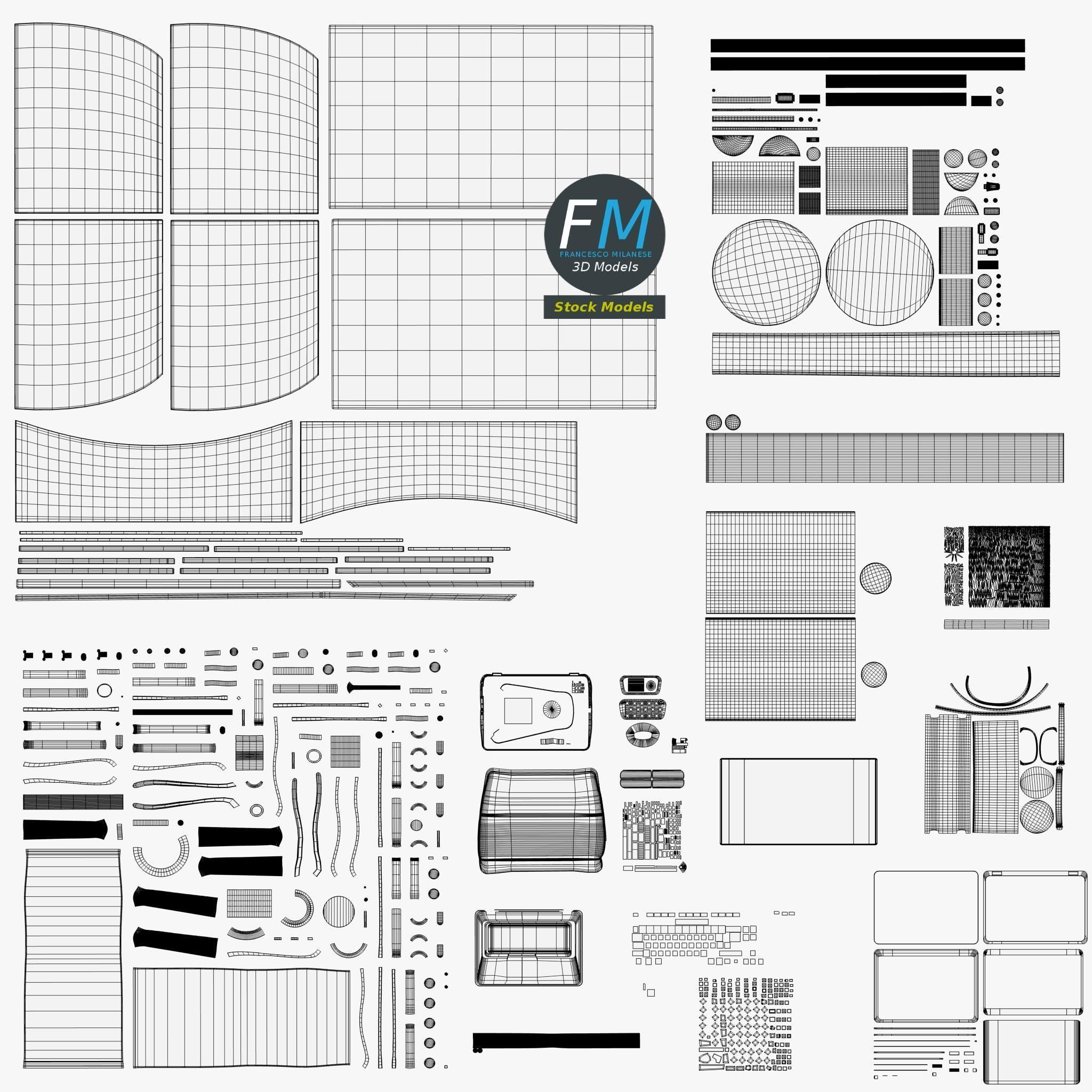 Desk set 3 office with laptop 3D model_11