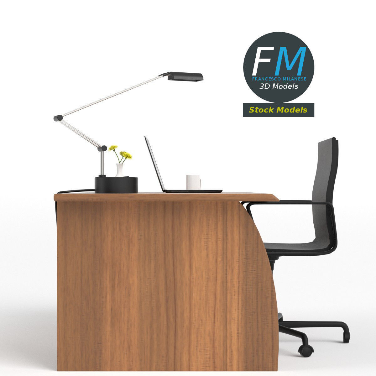 Desk set 3 office with laptop 3D model_4