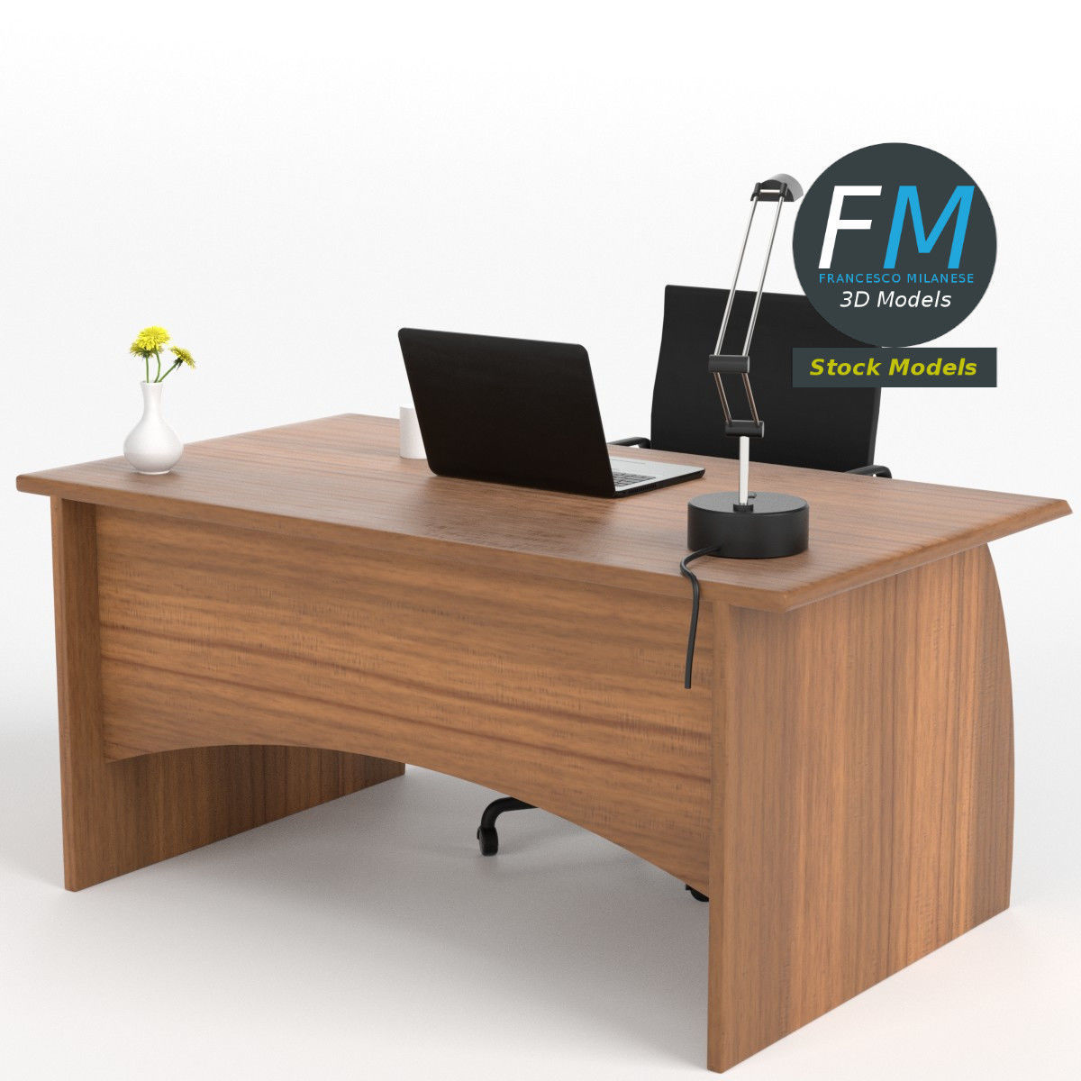 Desk set 3 office with laptop 3D model_3