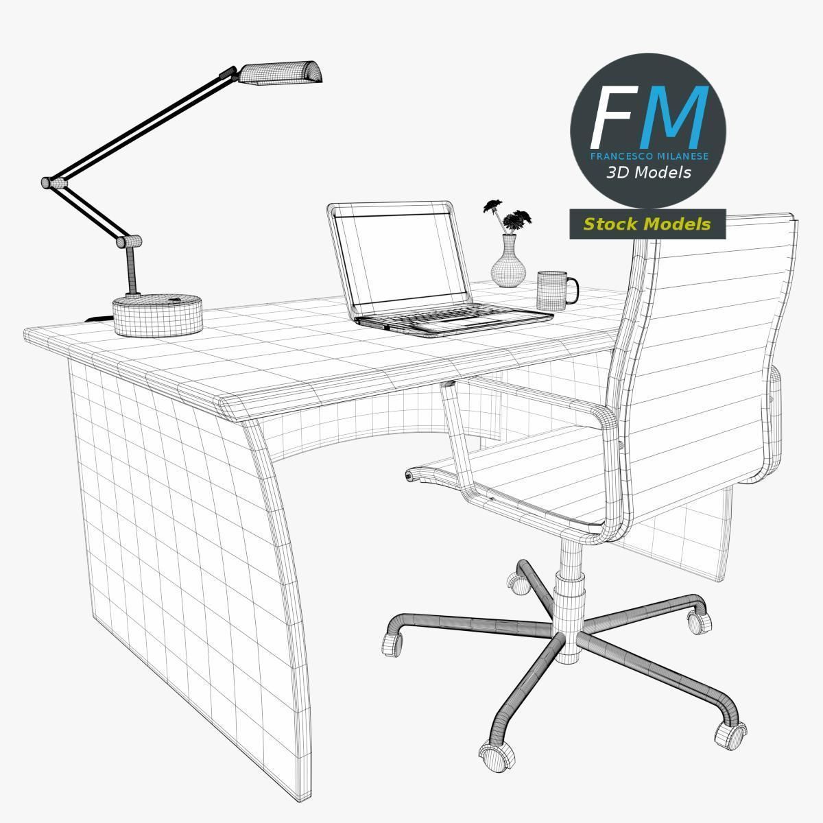 Desk set 3 office with laptop 3D model_7