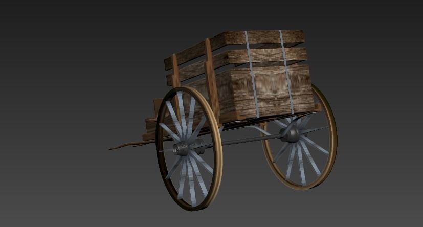 handcart wooden cart with wheels Low-poly 3D model_1