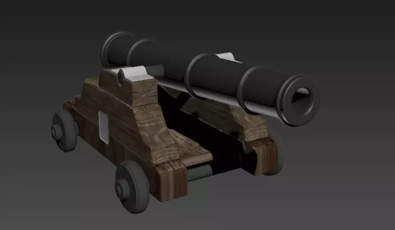 gunnery cannon on wooden cart Low-poly 3D model_0