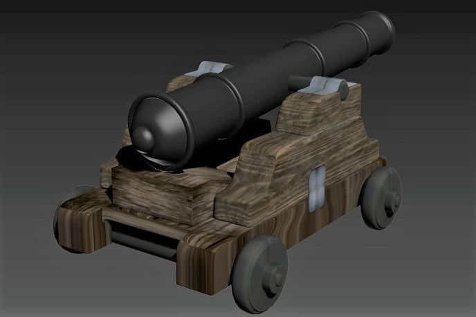 gunnery cannon on wooden cart Low-poly 3D model_2
