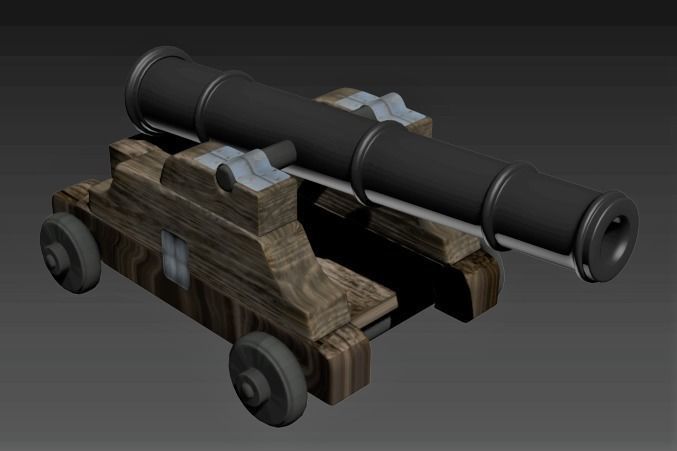 gunnery cannon on wooden cart Low-poly 3D model_1