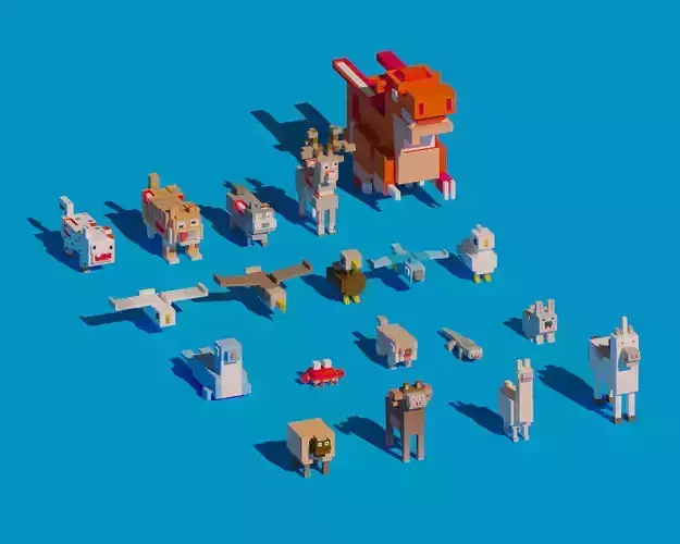 Low Poly Amimals Pack - Cartoon Crossy Road Low-poly 3D model