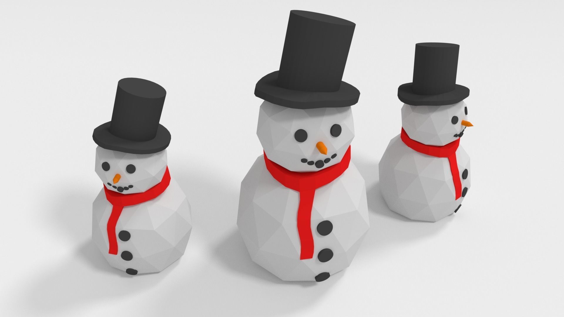 Snowman three snowmen wearing hats and scarves Low-poly 3D model_6