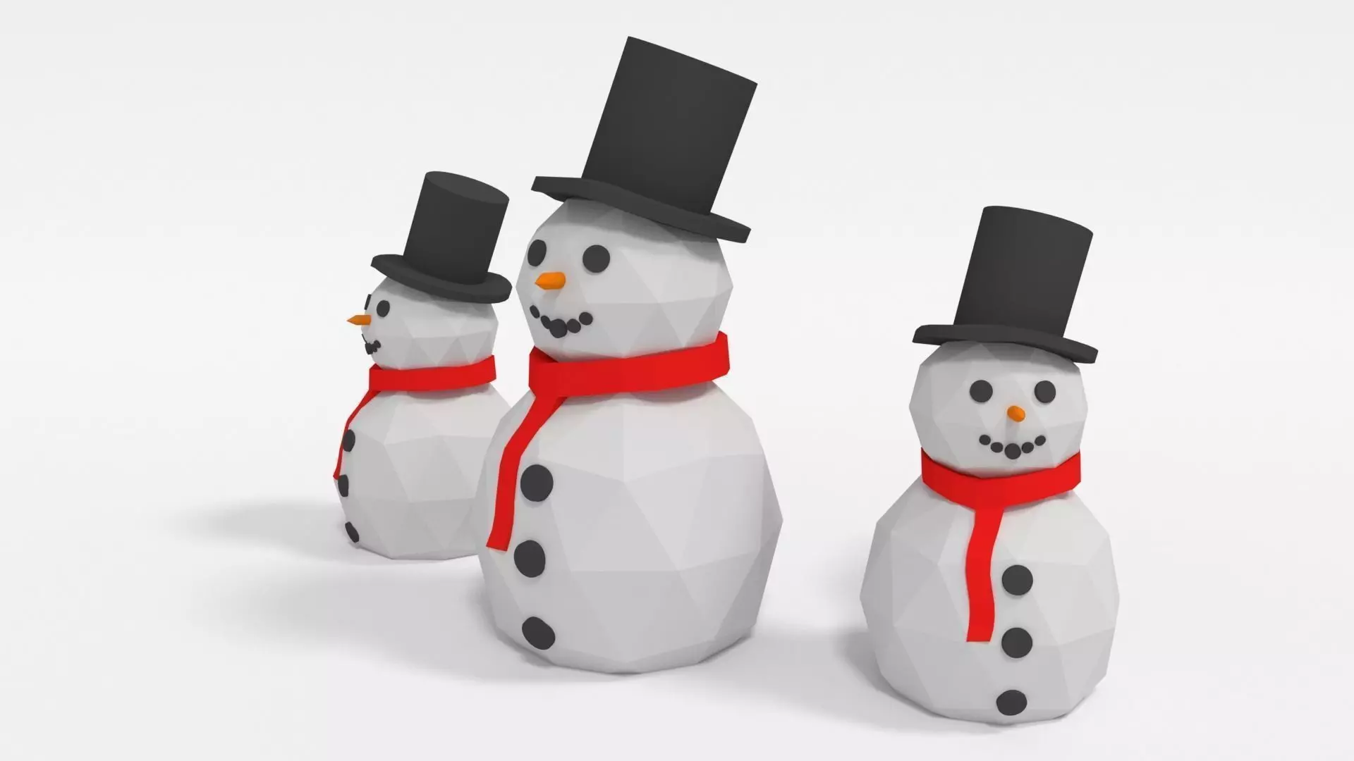 Snowman three snowmen wearing hats and scarves Low-poly 3D model_0