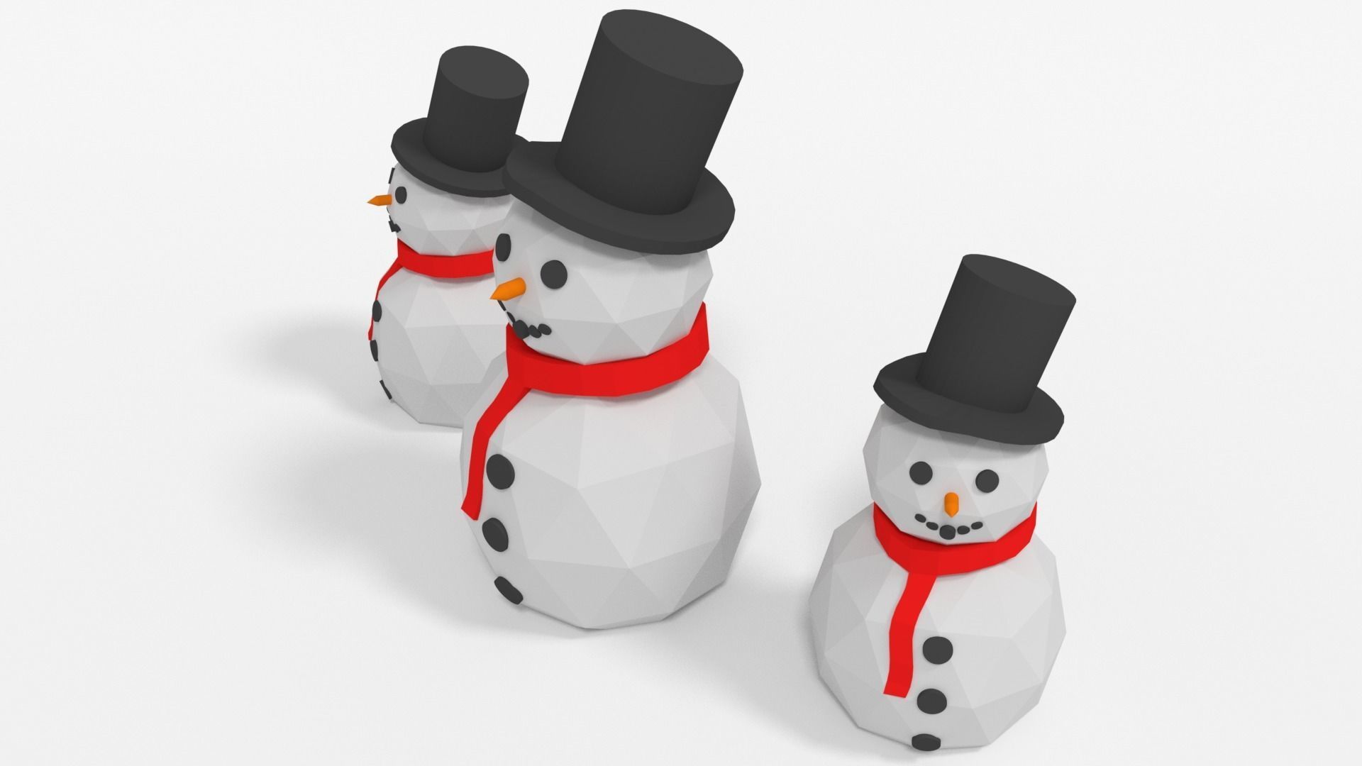 Snowman three snowmen wearing hats and scarves Low-poly 3D model_4