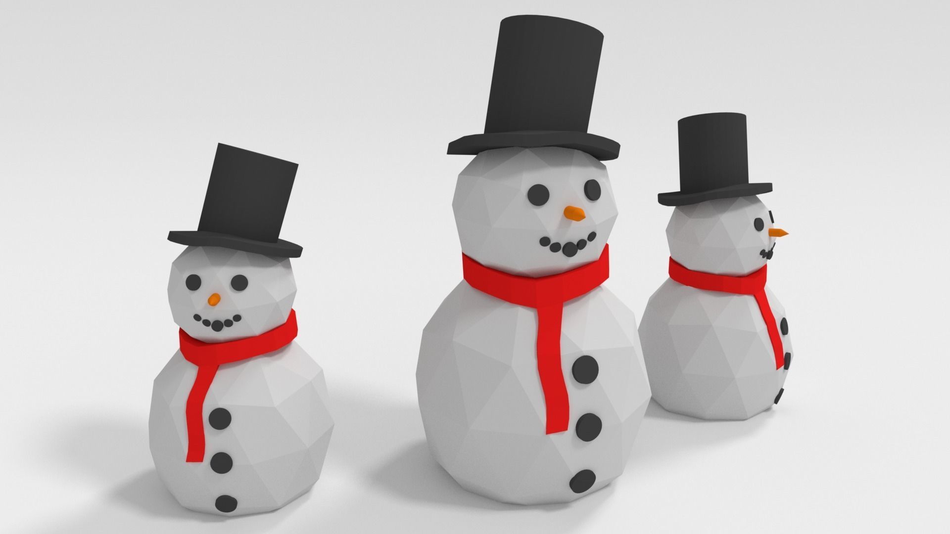 Snowman three snowmen wearing hats and scarves Low-poly 3D model_5