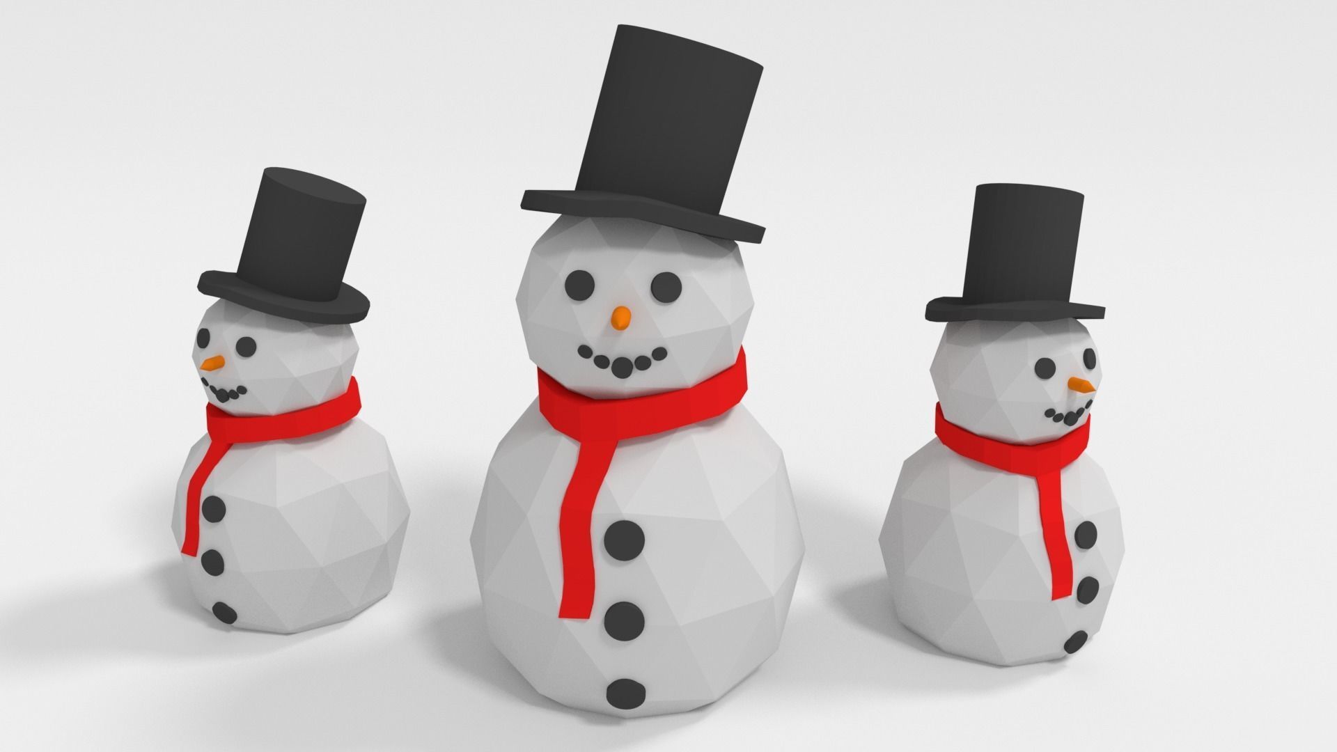 Snowman three snowmen wearing hats and scarves Low-poly 3D model_1