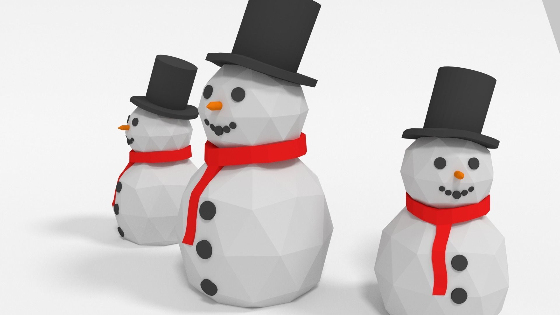 Snowman three snowmen wearing hats and scarves Low-poly 3D model_2