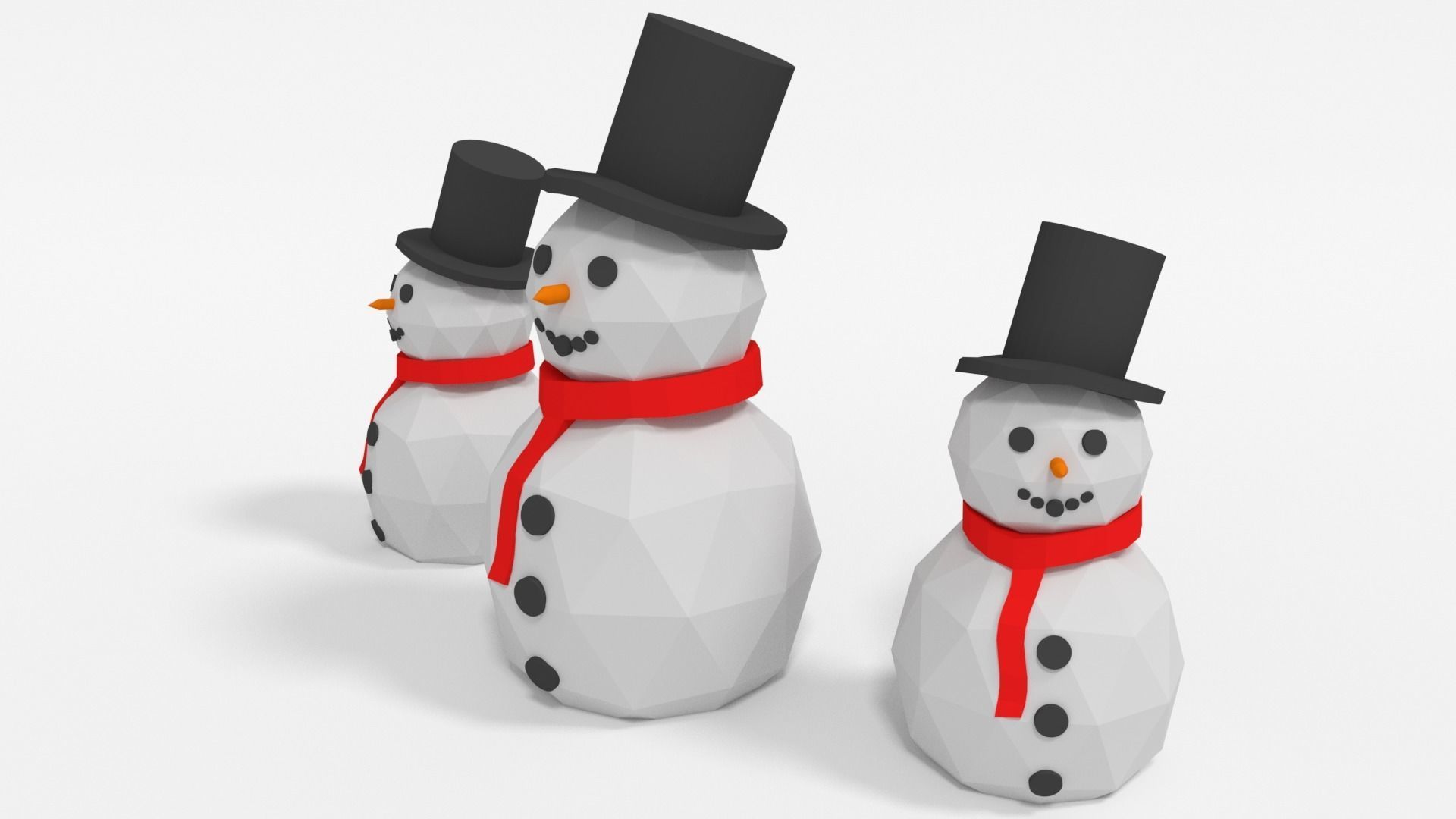 Snowman three snowmen wearing hats and scarves Low-poly 3D model_3