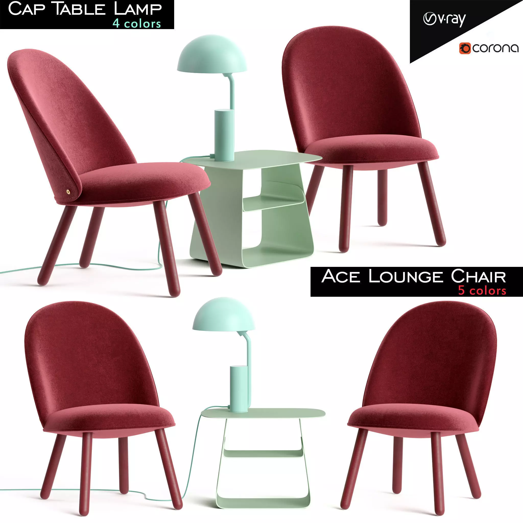 Ace Lounge Chair and Cap Table Lamp Low-poly 3D model_0