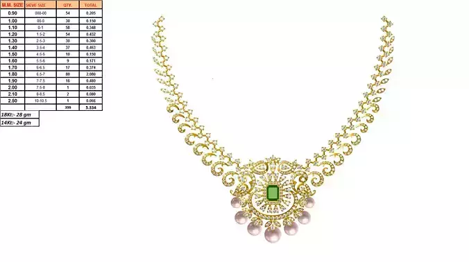 Golden Necklace With Pearls And Emerald