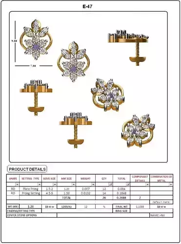 Golden Floral Design Eartops With Diamonds 3 3D print model