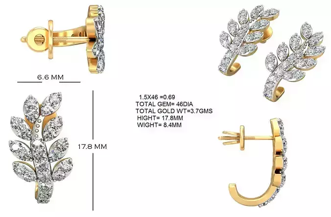 Golden Floral Design Eartops With Diamonds  12