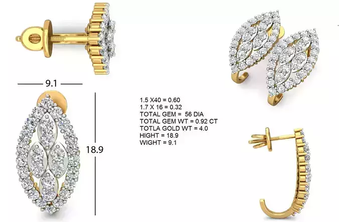 Golden Leaf Shaped Eartops With Diamonds 