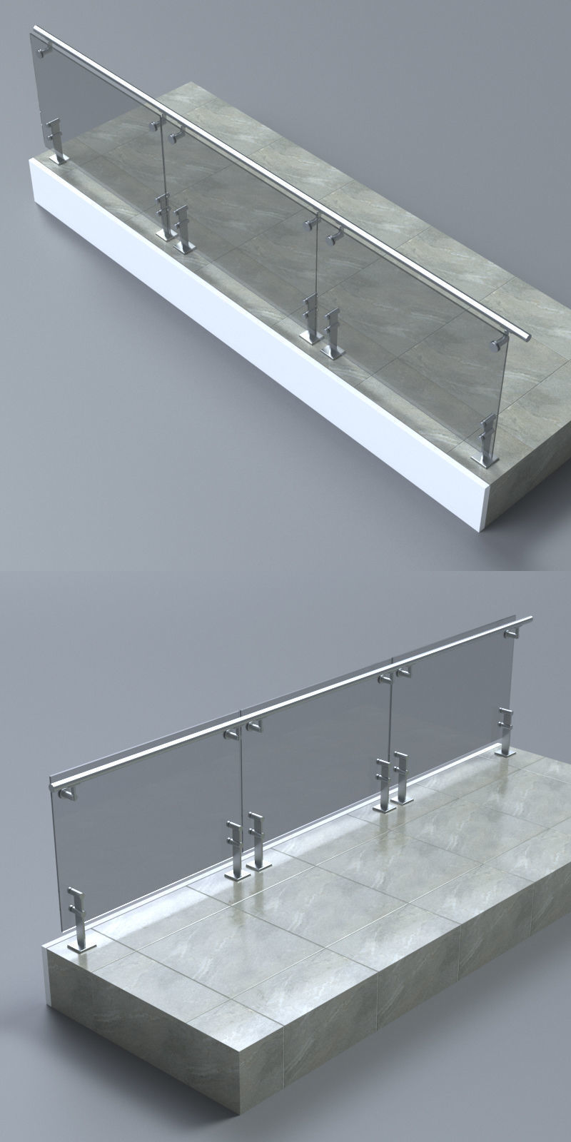 Glass handrail with Short Baluster staircase 3D model_5