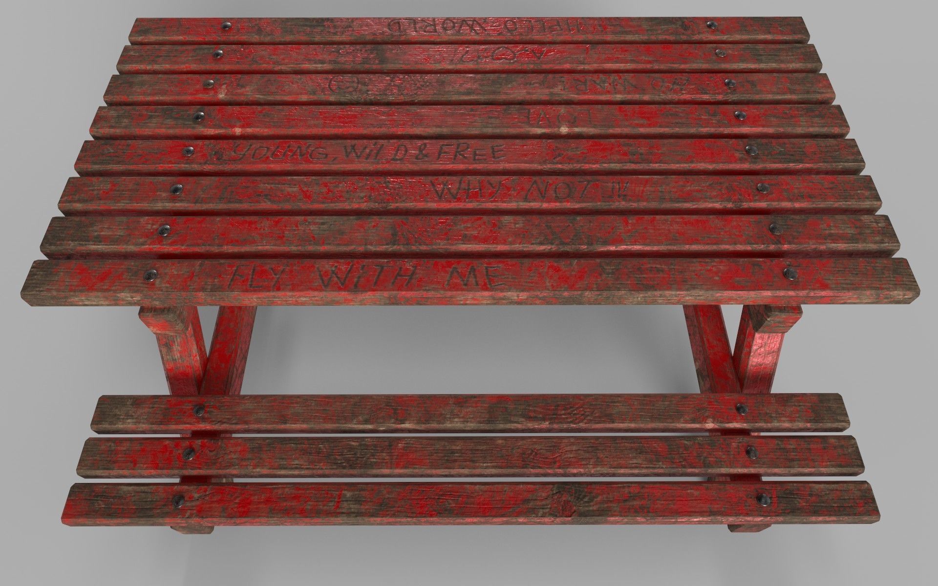 Red Old Wooden Picnic Table Low-Poly PBR Game Ready 3D Model Low-poly 3D model_1