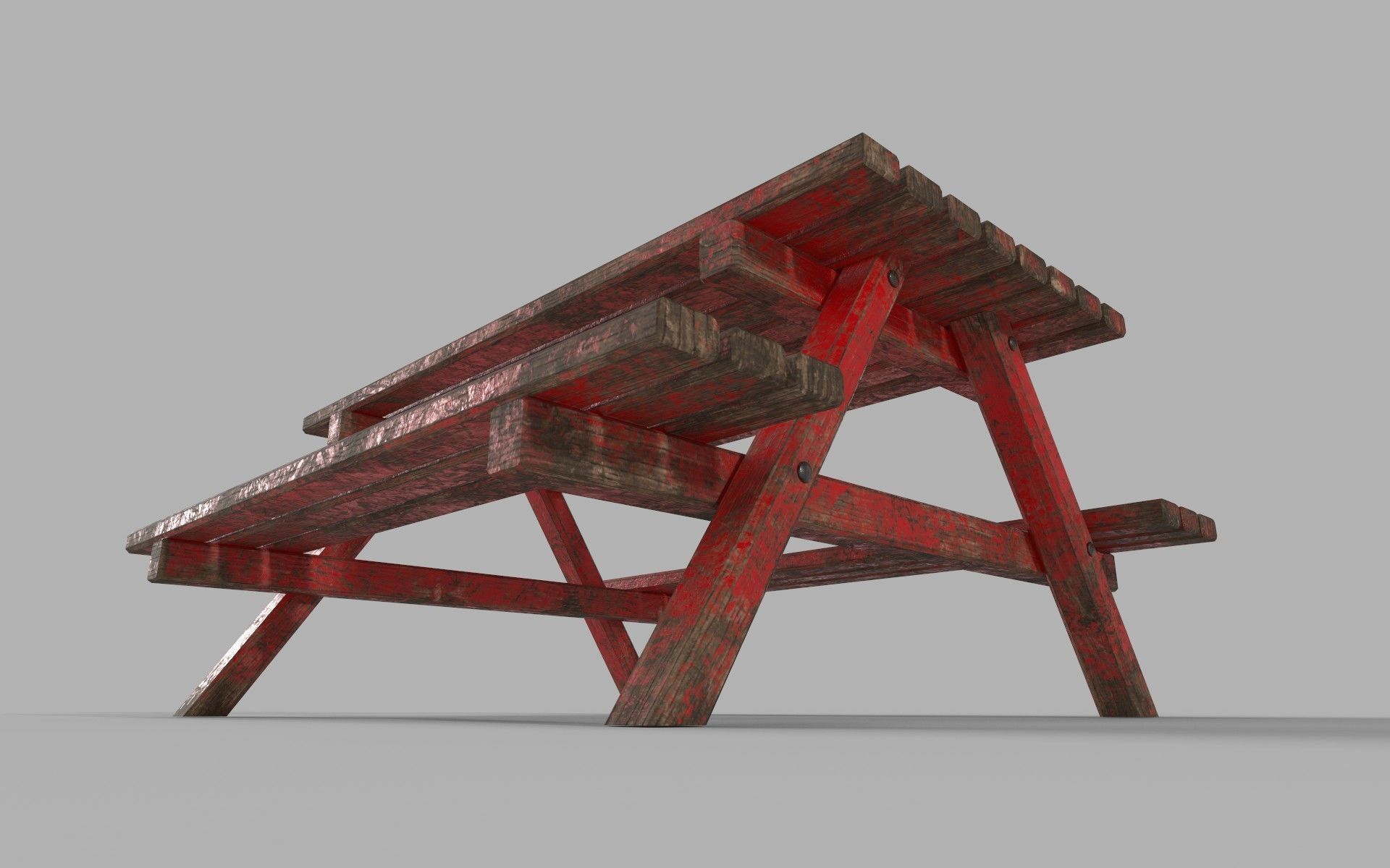 Red Old Wooden Picnic Table Low-Poly PBR Game Ready 3D Model Low-poly 3D model_13
