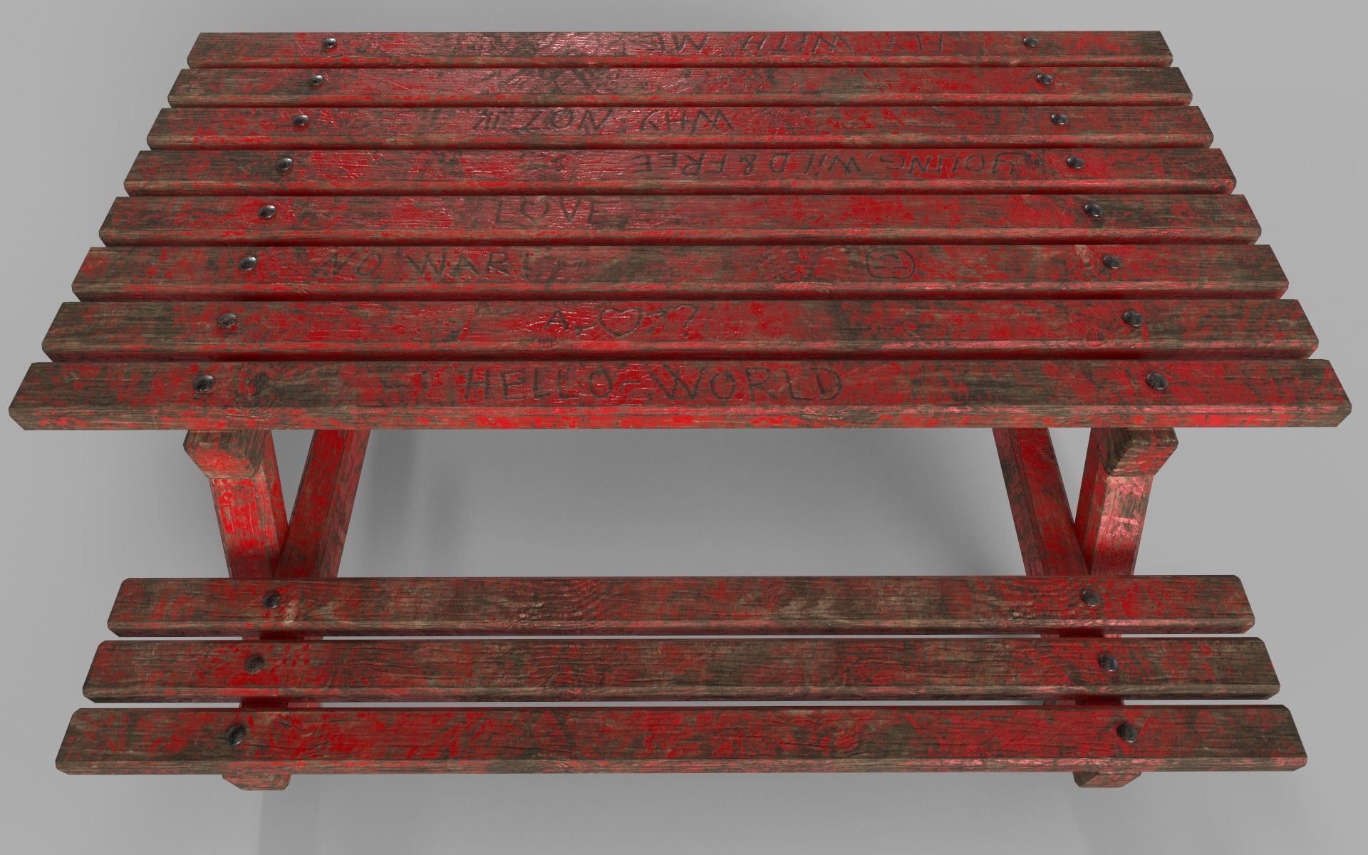 Red Old Wooden Picnic Table Low-Poly PBR Game Ready 3D Model Low-poly 3D model_2