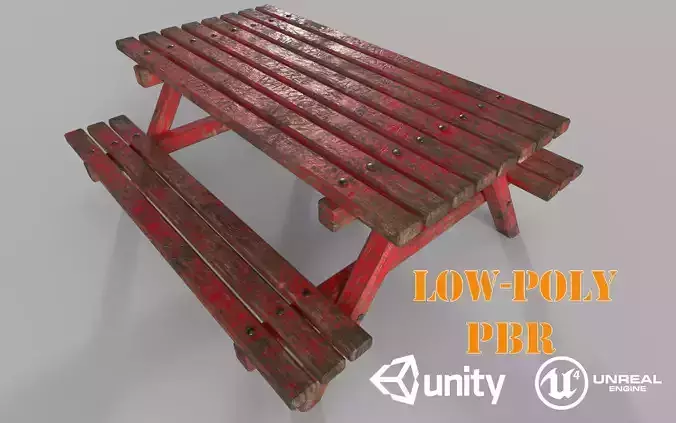 Red Old Wooden Picnic Table Low-Poly PBR Game Ready 3D Model Low-poly 3D model