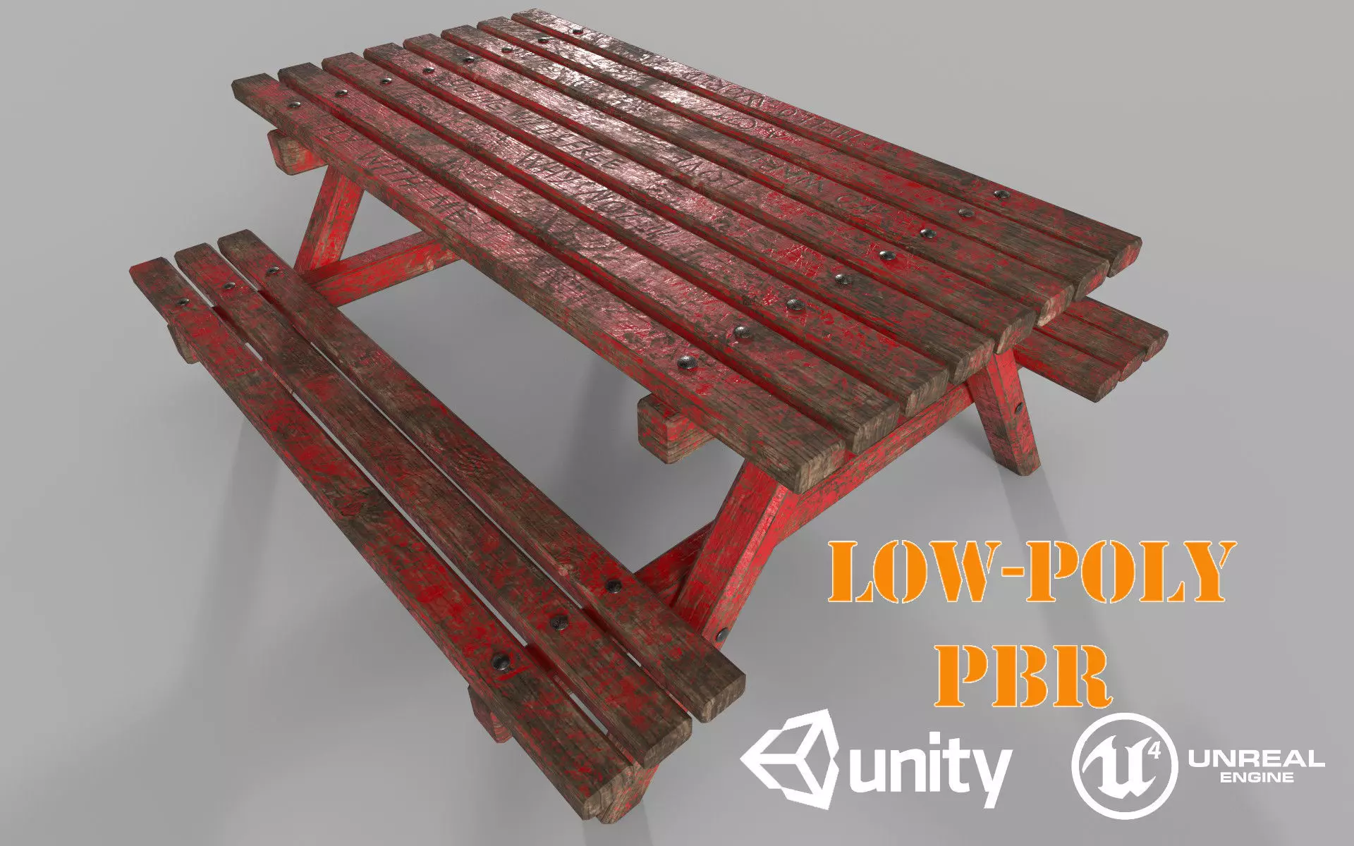 Red Old Wooden Picnic Table Low-Poly PBR Game Ready 3D Model Low-poly 3D model_0