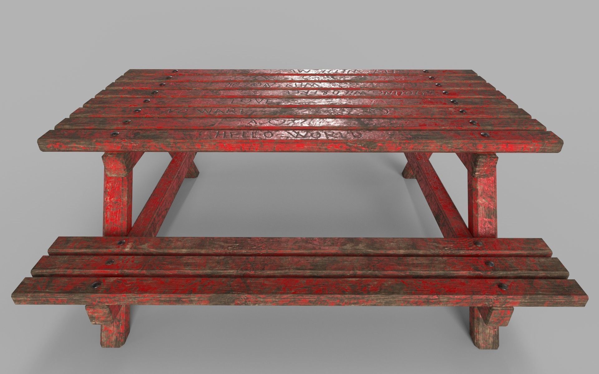 Red Old Wooden Picnic Table Low-Poly PBR Game Ready 3D Model Low-poly 3D model_9