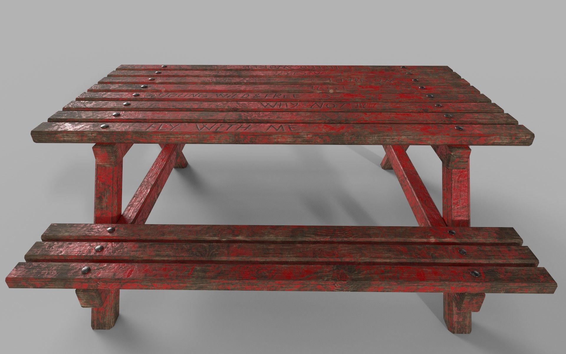 Red Old Wooden Picnic Table Low-Poly PBR Game Ready 3D Model Low-poly 3D model_8