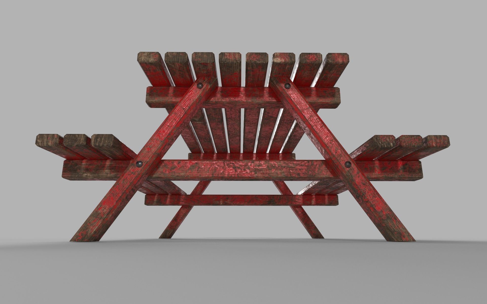 Red Old Wooden Picnic Table Low-Poly PBR Game Ready 3D Model Low-poly 3D model_11