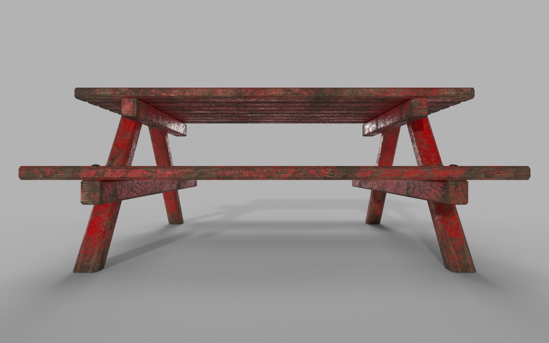 Red Old Wooden Picnic Table Low-Poly PBR Game Ready 3D Model Low-poly 3D model_3