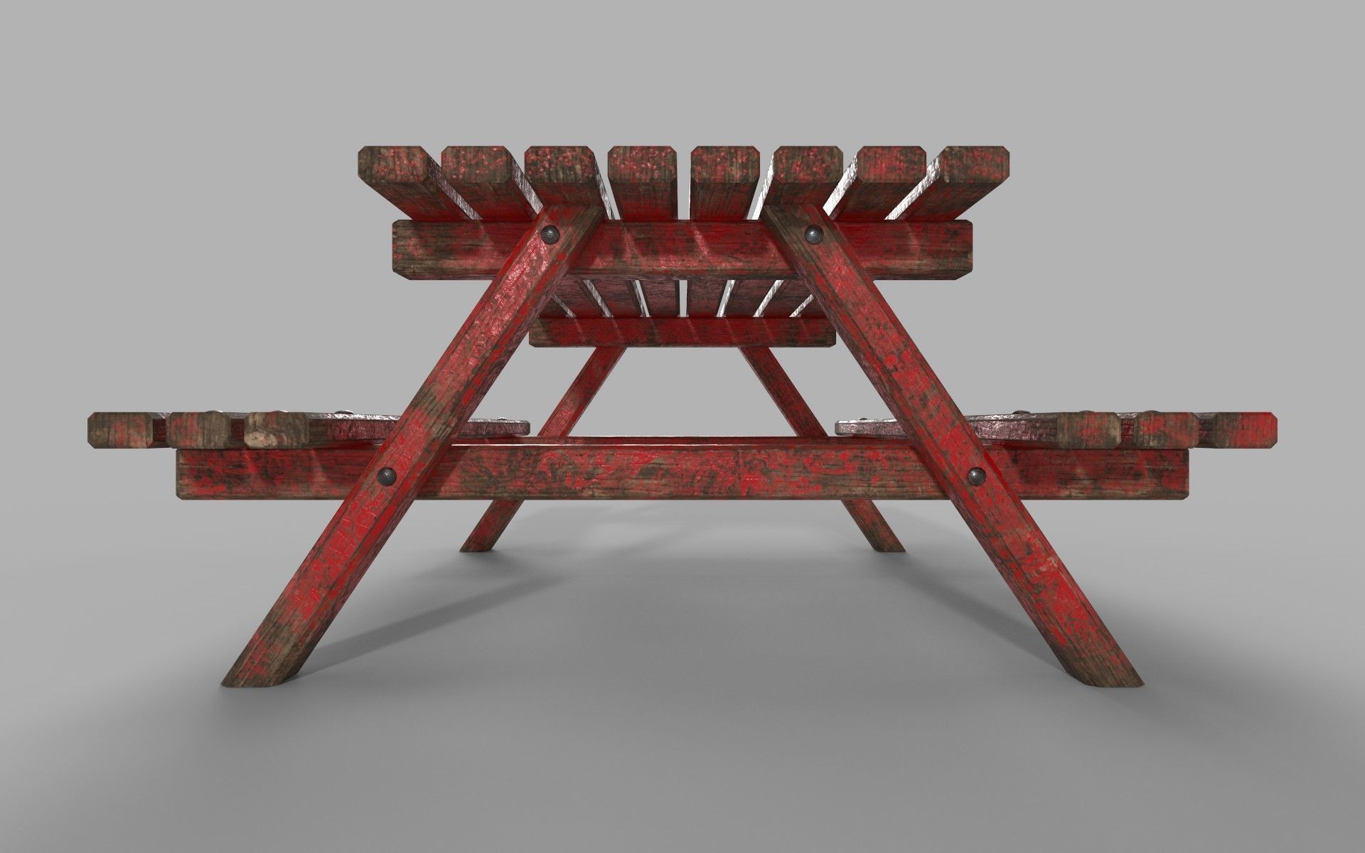 Red Old Wooden Picnic Table Low-Poly PBR Game Ready 3D Model Low-poly 3D model_6
