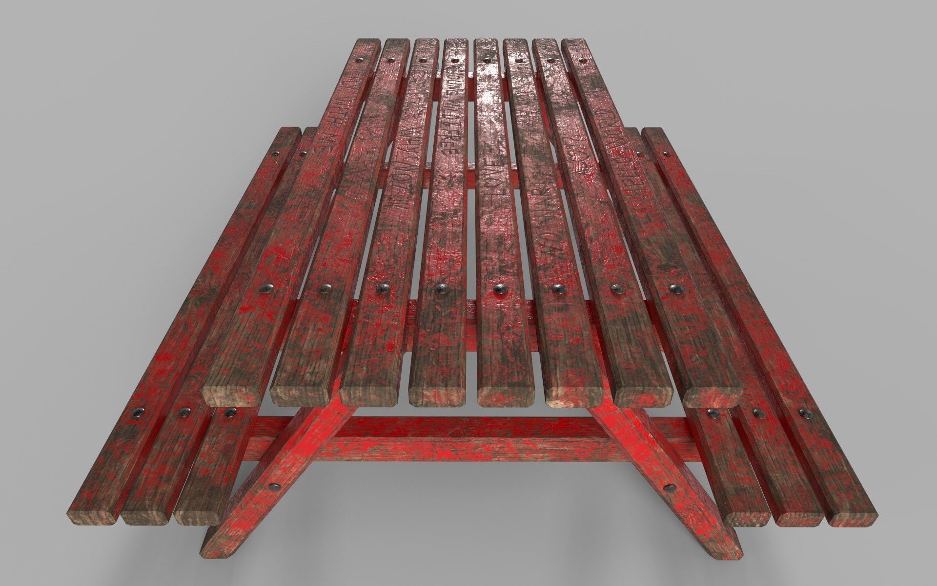 Red Old Wooden Picnic Table Low-Poly PBR Game Ready 3D Model Low-poly 3D model_12