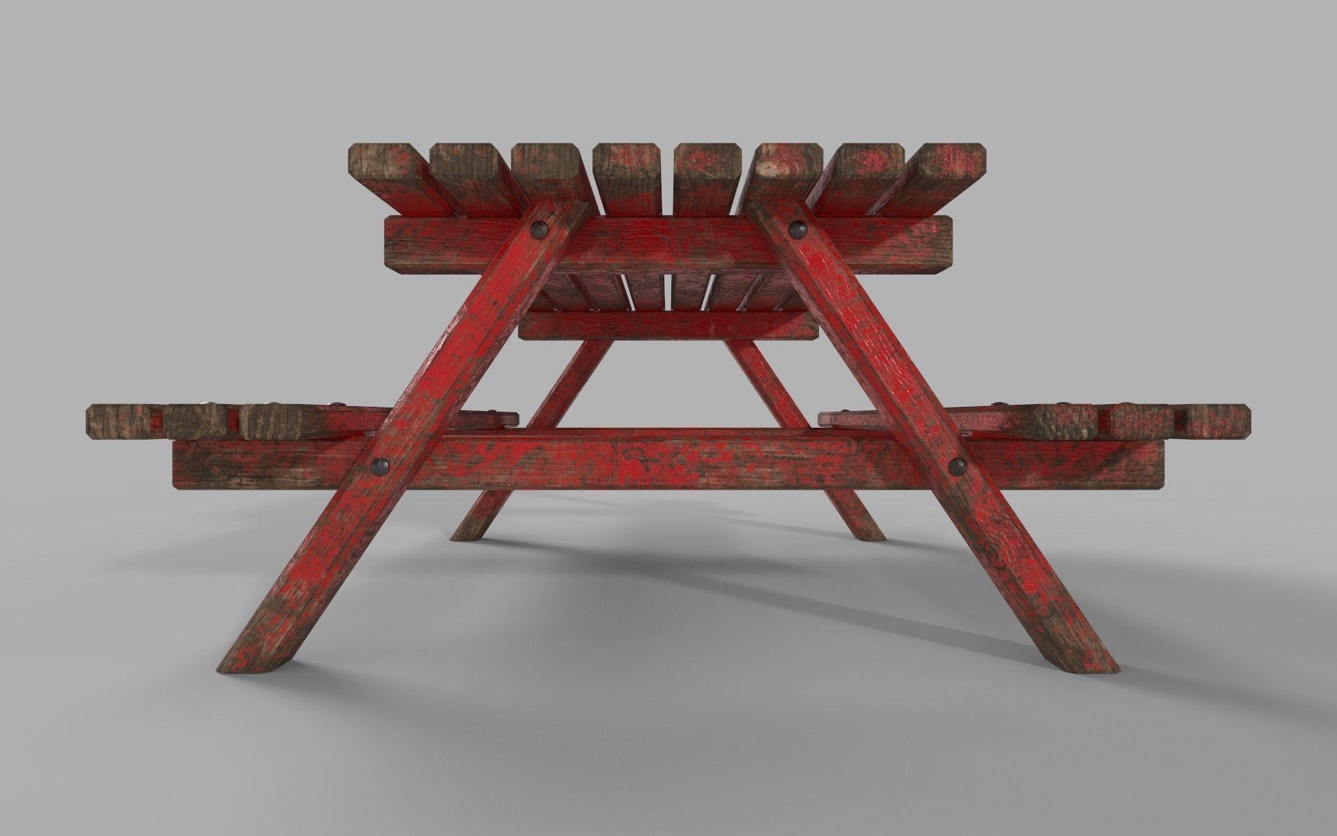 Red Old Wooden Picnic Table Low-Poly PBR Game Ready 3D Model Low-poly 3D model_4